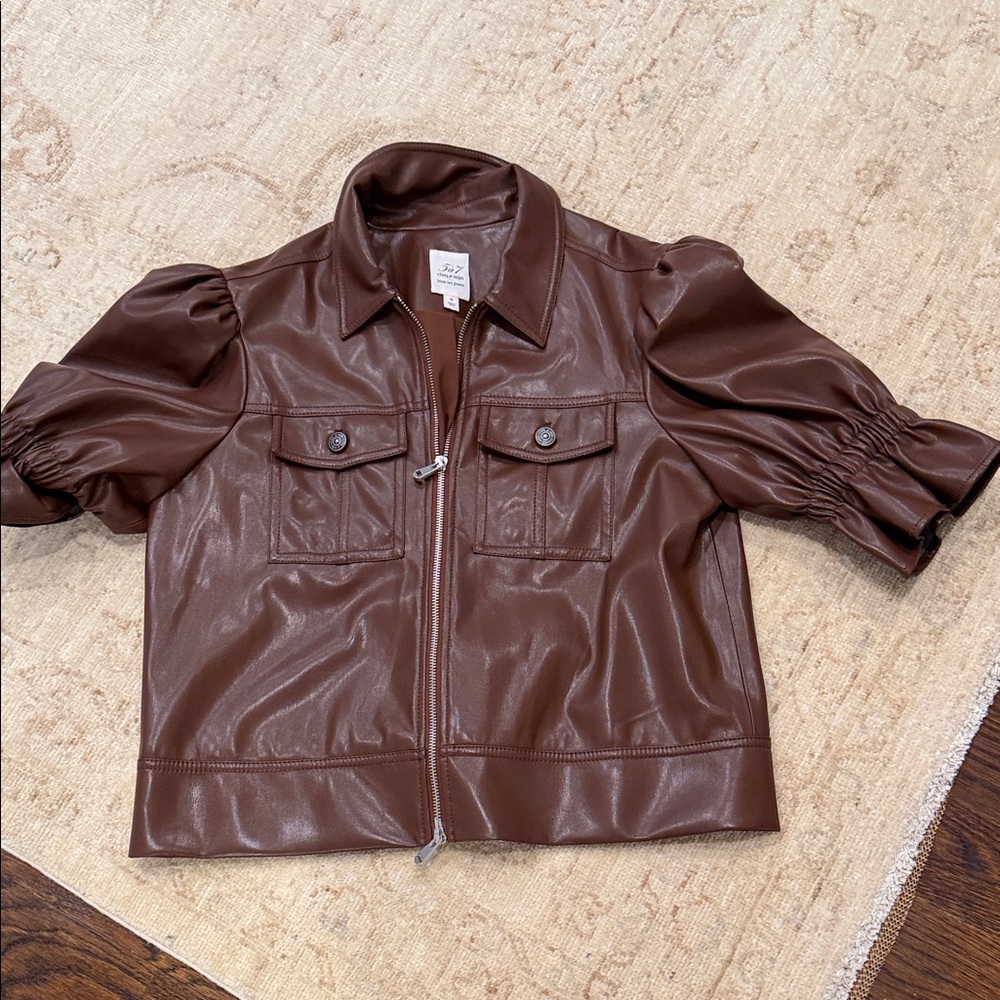 cinq a sept Brown Faux Leather Puff Sleeve Jacket